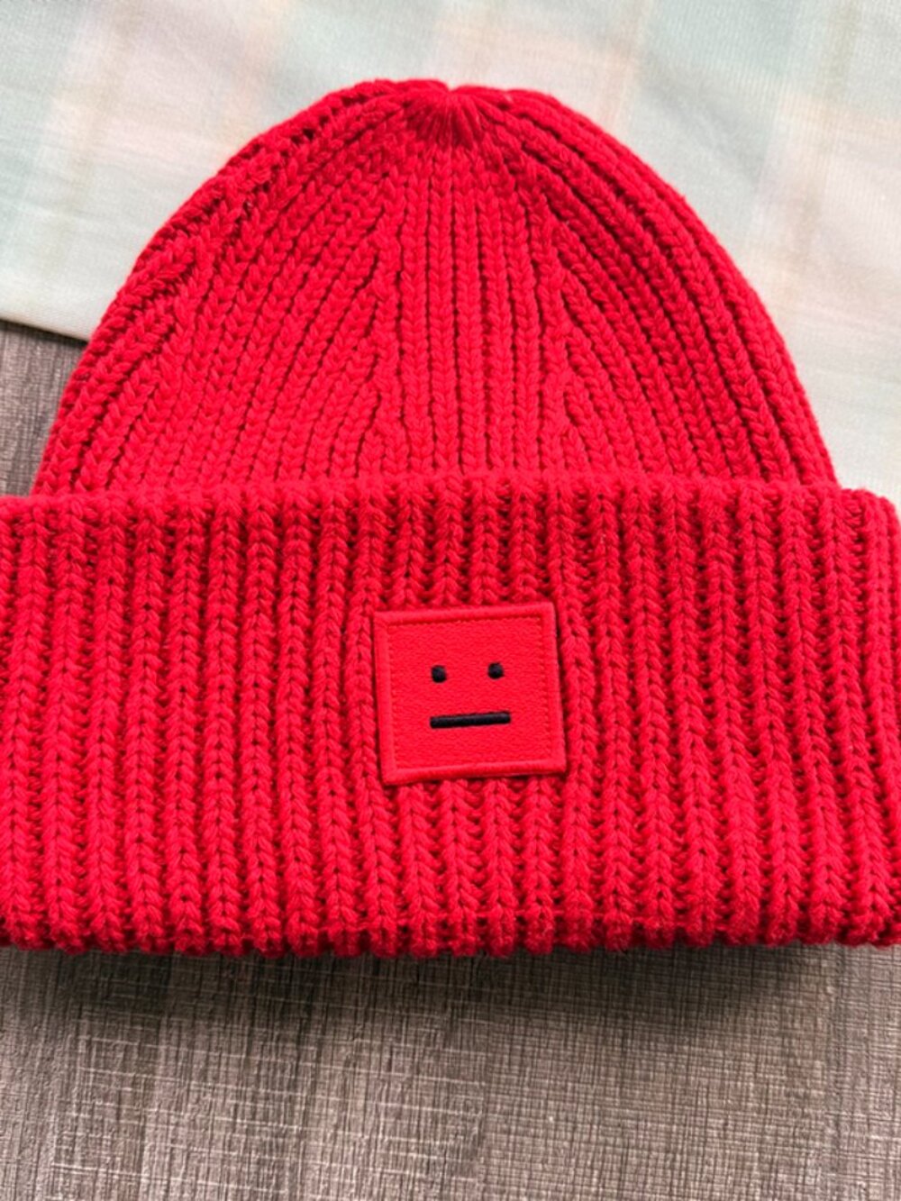 Acne Studios Red Smiley Face Knit Beanie - Picture 1 of 6